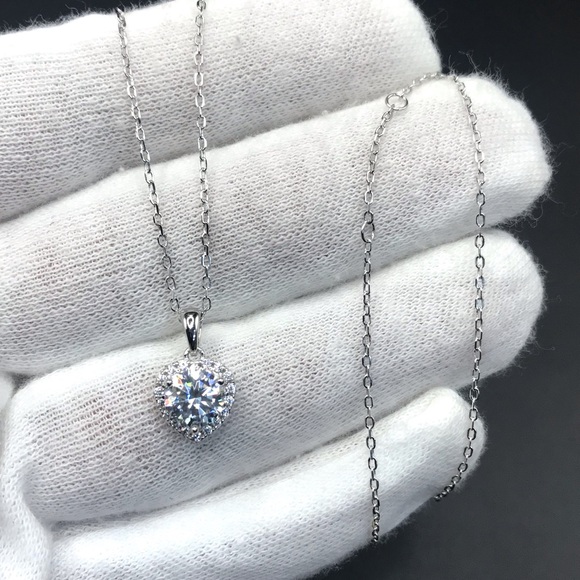925 Sterling Silver 1.00CT MOISSANITE Halo Heart Pendant Necklace 18” - Picture 7 of 14